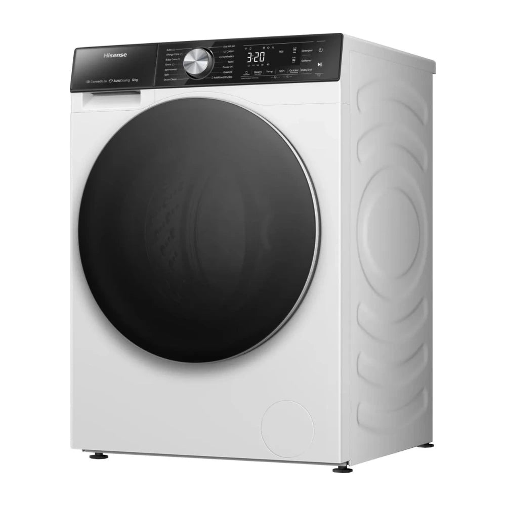 Hisense 5S Series 12 kg washing machine in white with black circular door and digital control panel on top