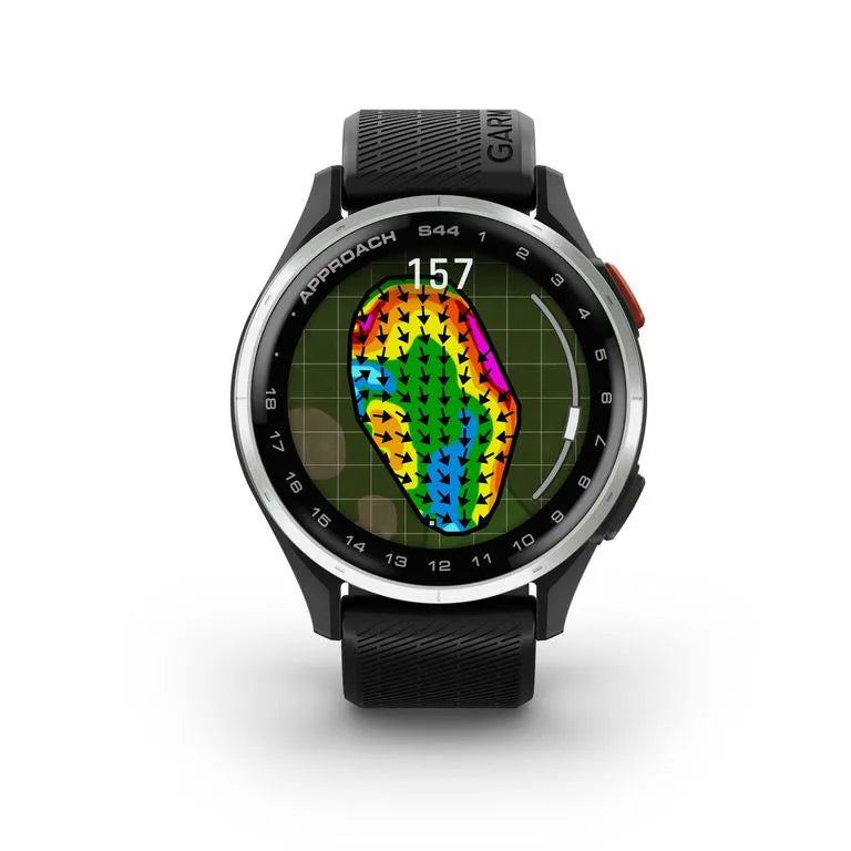 Garmin Approach S44 golf watch with black silicone strap, model 010-03009-00, available at Keans Claremorris.