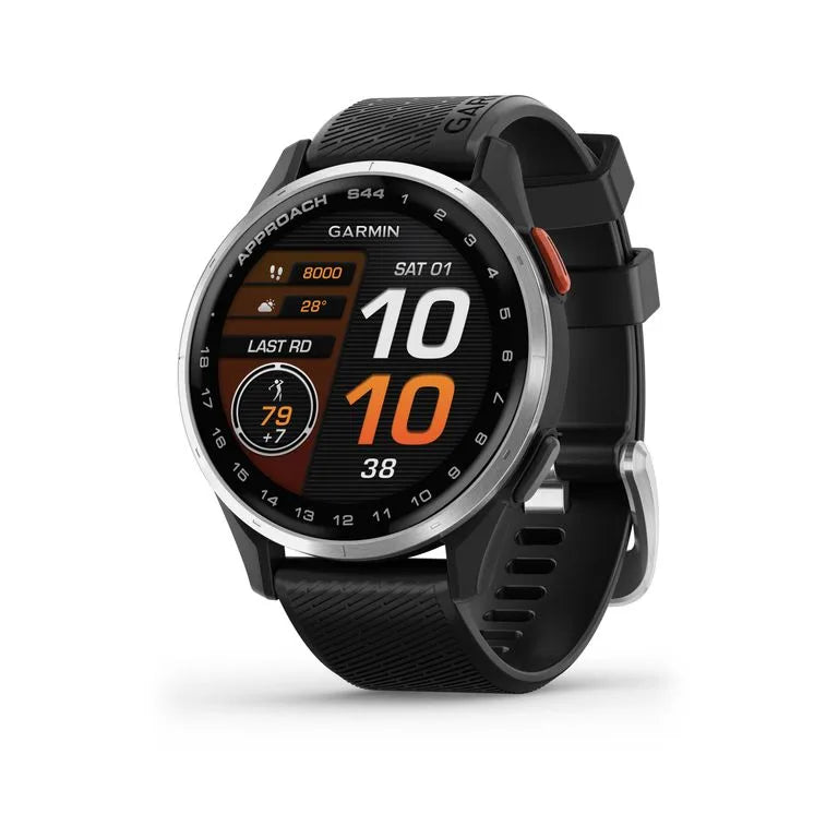 Garmin Approach S44 golf watch with 42mm ceramic case, black digital dial, white silicone strap, GPS, compass – Keans