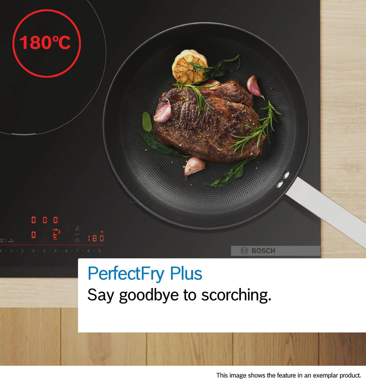 Bosch Series 6 induction hob heating a frying pan with steak, garlic, and herbs at 180°C temperature.