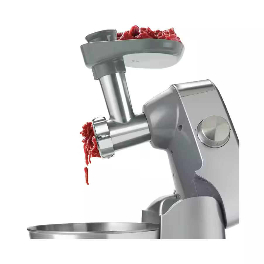 Kenwood Planetary Mixer Grinder with meat mincing attachment grinding red meat into a bowl below.