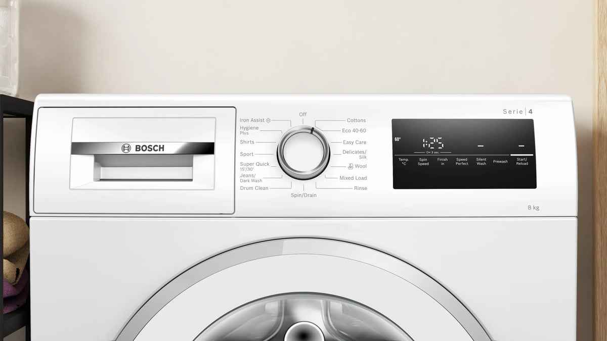 Control panel of Bosch 8kg Series 4 washing machine with dial, digital display, and detergent drawer.