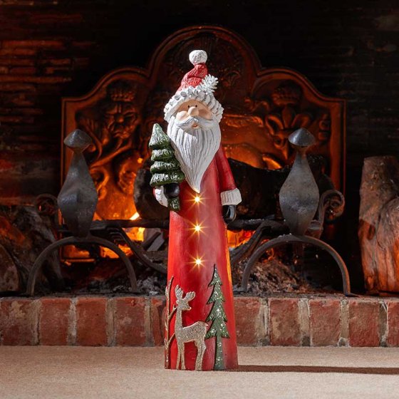 Yule Santa hand-painted red & gold figurine with warm white LEDs, auto timer, indoor use – Keans Claremorris.