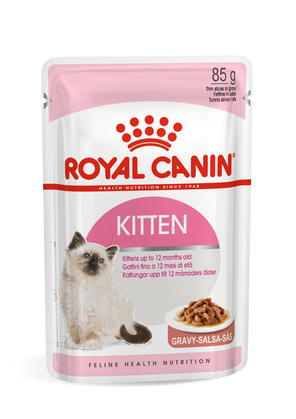 Royal Canin Kitten Pouch 85g in gravy, optimal nutrition for 2nd age kittens – available at Keans Claremorris