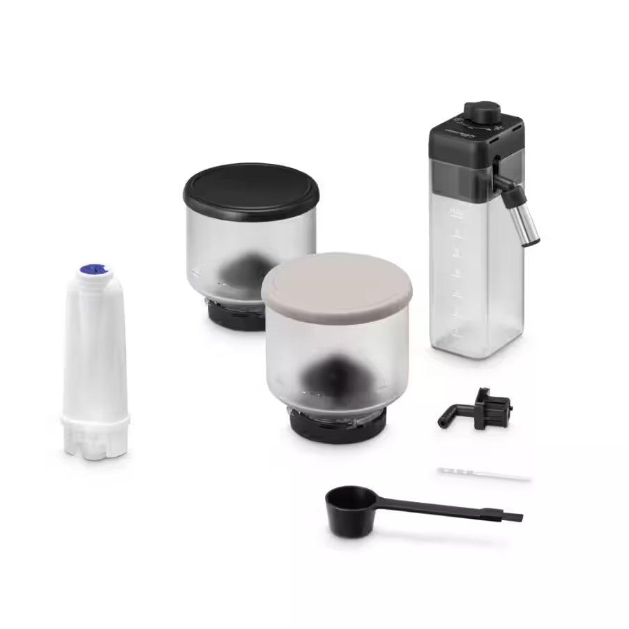 Accessories for DeLonghi Rivelia Auto Bean Coffee Machine including water filter, two bean containers, milk container