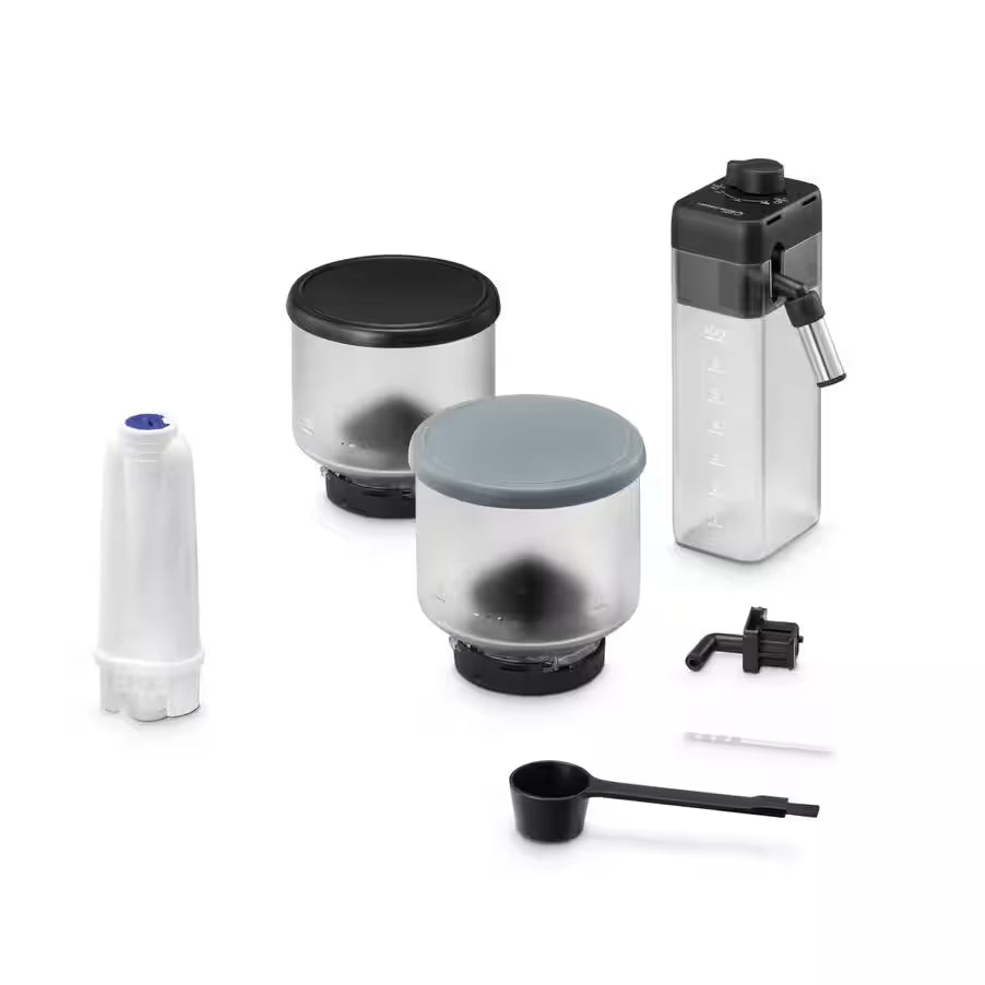 Set of kitchen containers and tools on a white background