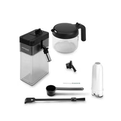 Collection of coffee brewing equipment including a glass carafe, black pump, and various components on a white background.
