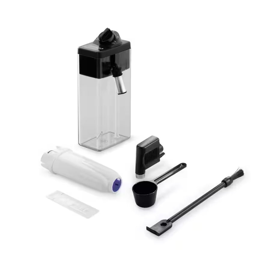 Milk container with frothing nozzle, cleaning brush, measuring scoop, and other accessories for DeLonghi Dinamica Plus