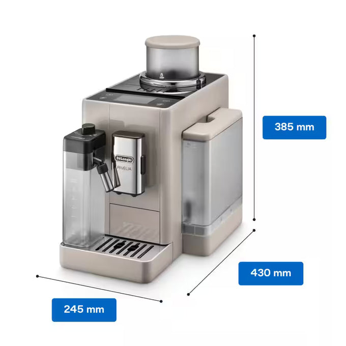 De'Longhi coffee machine with dimensions labeled on a white background
