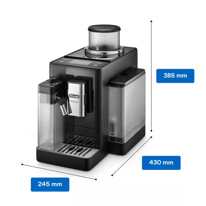 De'Longhi coffee machine with dimensions indicated on a white background