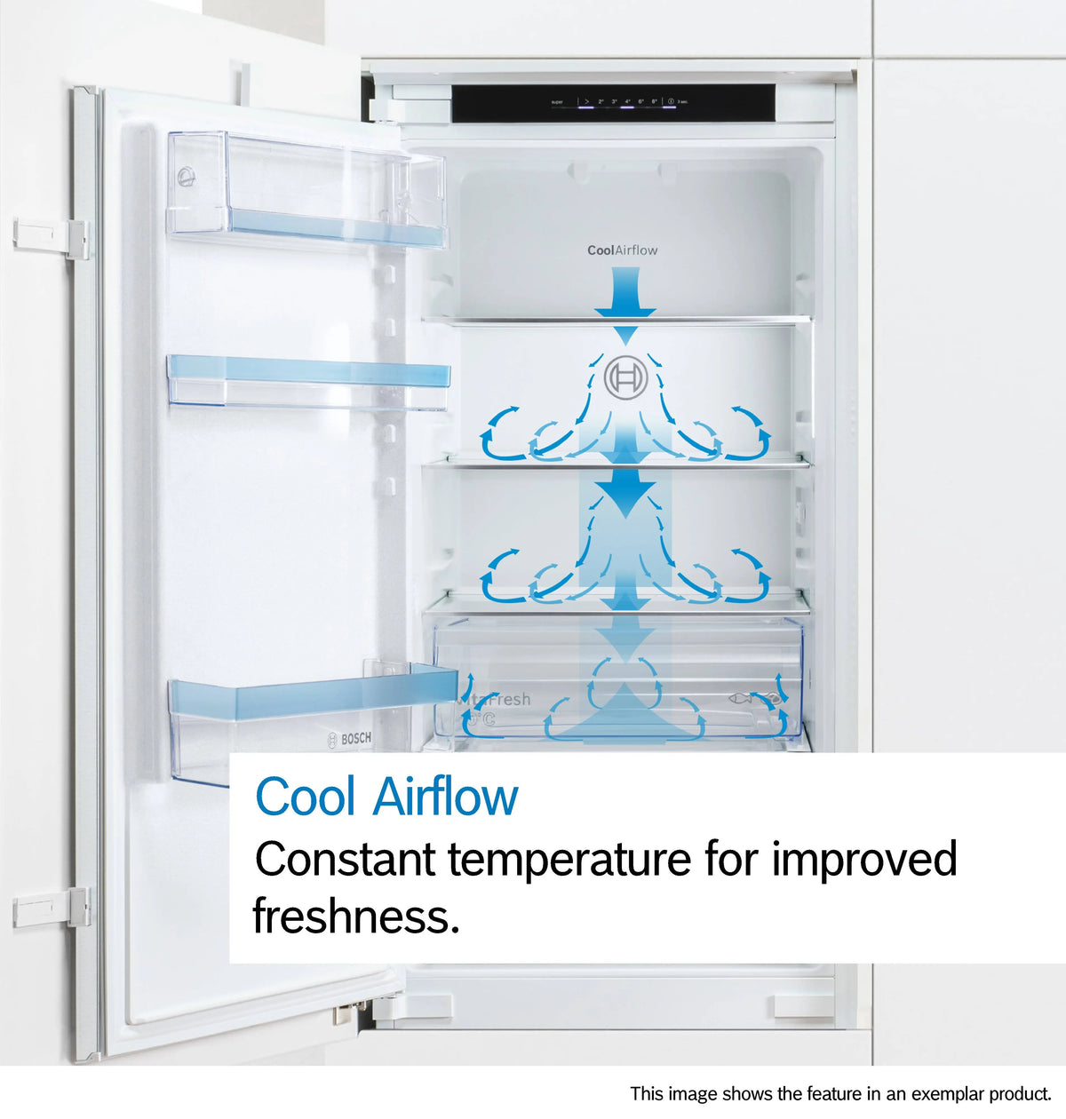 Open Bosch Series 2 60/40 built-in fridge freezer showing interior airflow diagram and shelves.