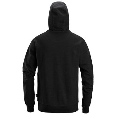 Back view of black Snickers 2894 Logo Hoodie with hood and ribbed cuffs and hem.