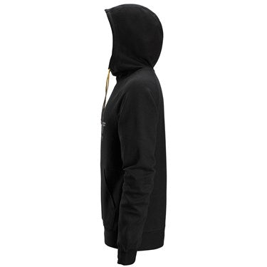 Side view of black Snickers 2894 Logo Hoodie with hood up and front pocket visible.