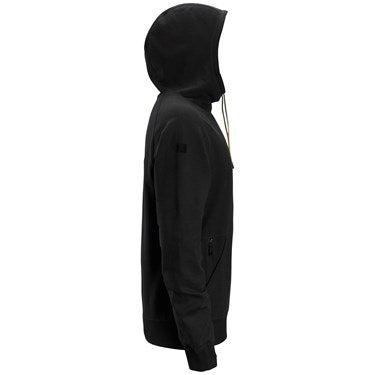 Snickers 2894 black hoodie shown from the right side with hood up and zippered pockets visible.