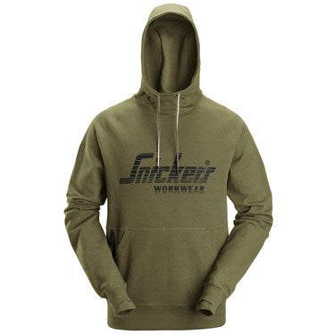 Olive green Snickers 2894 Logo Hoodie with front kangaroo pocket and black logo print on chest.