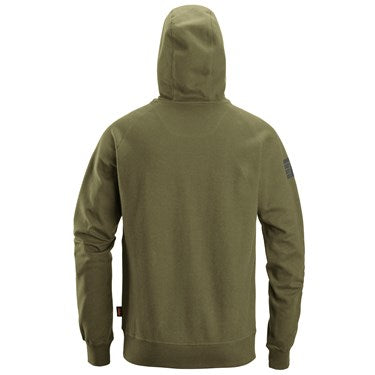 Back view of Snickers 2894 Logo Hoodie in olive green with a hood and ribbed cuffs.