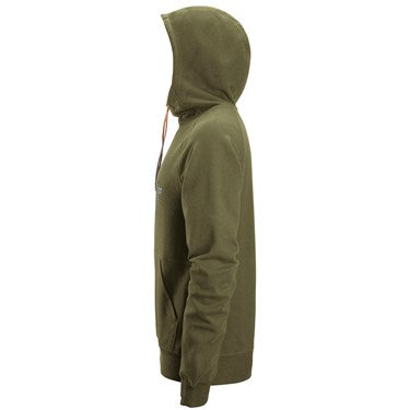 Side view of olive green Snickers 2894 Logo Hoodie with hood up and front pocket visible.