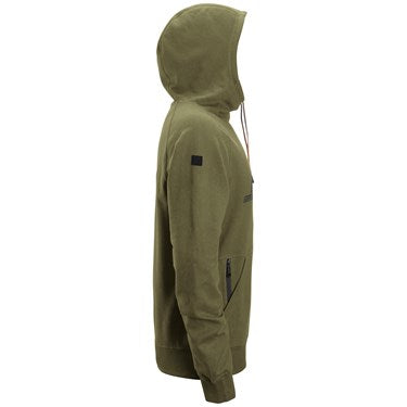 Snickers 2894 olive green hoodie shown from the right side with hood up and front pocket visible.