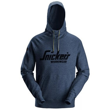 Navy Snickers 2894 Logo Hoodie with adjustable hood, front kangaroo pocket, and black logo print on chest.