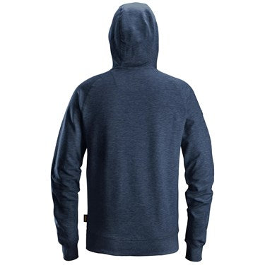 Back view of navy Snickers 2894 Logo Hoodie with hood and long sleeves on a white background.