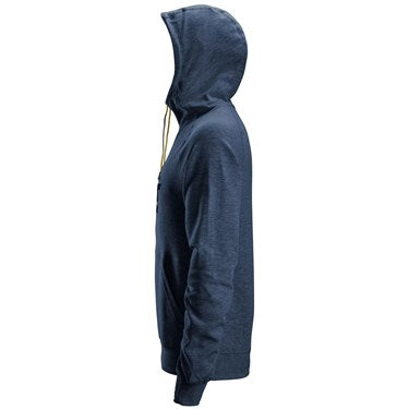 Snickers 2894 navy hoodie shown from the left side with hood up and drawstrings visible.