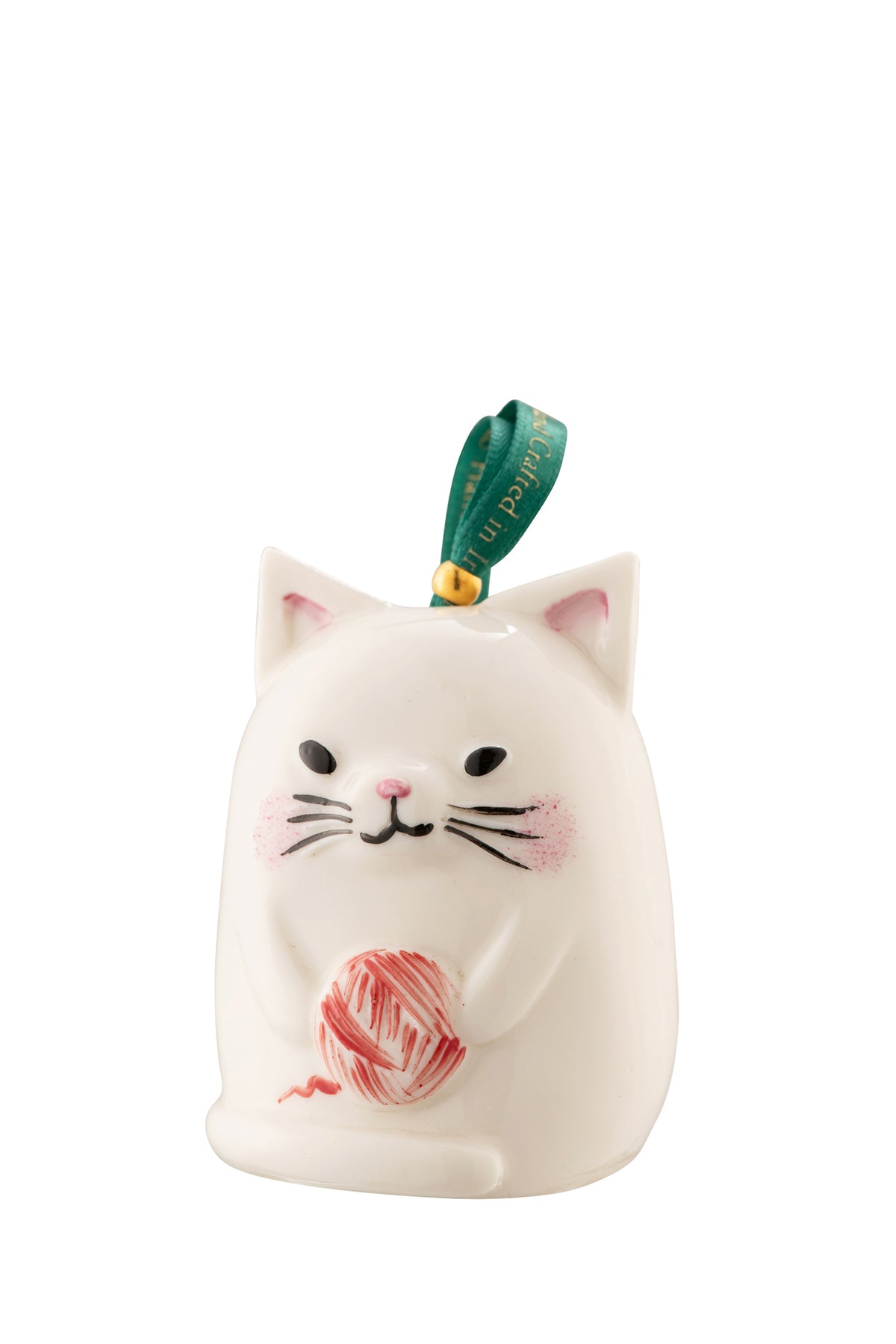 Belleek Classic Kitty Cat Ornament in white holding a red ball of yarn with a green hanging ribbon.