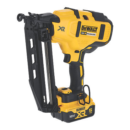 DeWalt 18V XR Twin Nailer with 5.0Ah battery attached, angled view showing nail magazine and grip.