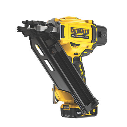 DeWalt 18V Twin Nailer Kit with two 5.0Ah batteries, shown from side angle with magazine and battery attached.