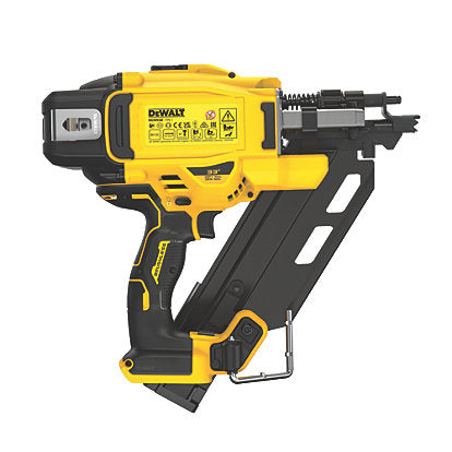 DeWalt 18V twin nailer with yellow and black body, angled magazine, and trigger handle shown from the side.