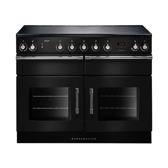 Rangemaster ESPRIT 110 induction range cooker in black with chrome trim, dual ovens, and control knobs on top panel.