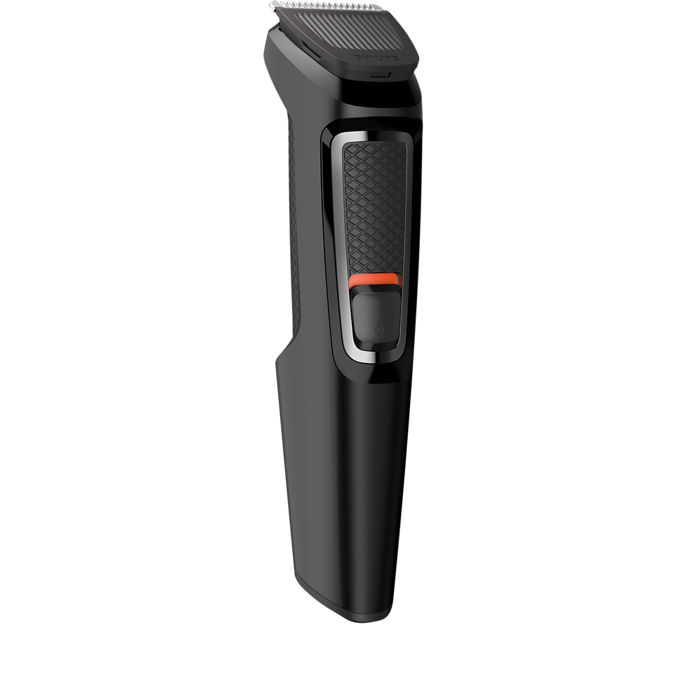 Philips Multigroom Series 3000 black trimmer with textured grip and adjustable blade guard, front view.