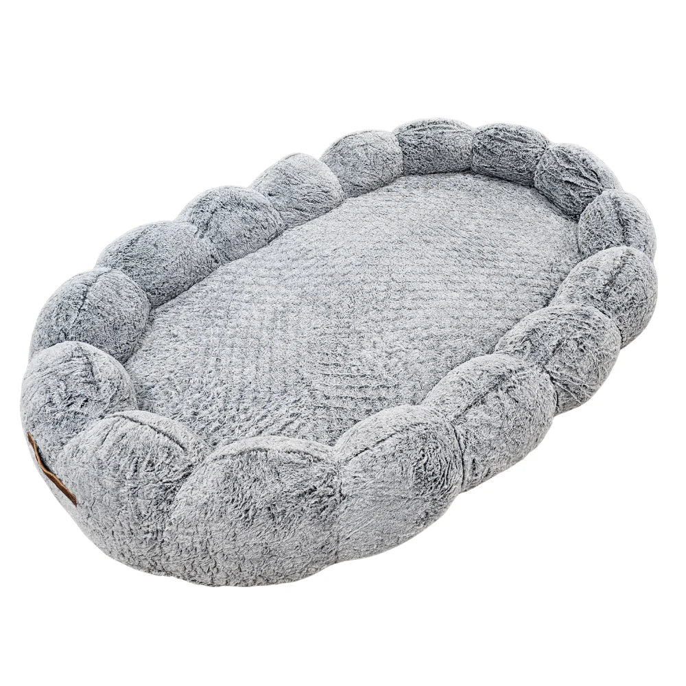 Alice & Co Beverley Bed in grey, oval plush pet bed with cushioned raised edges.