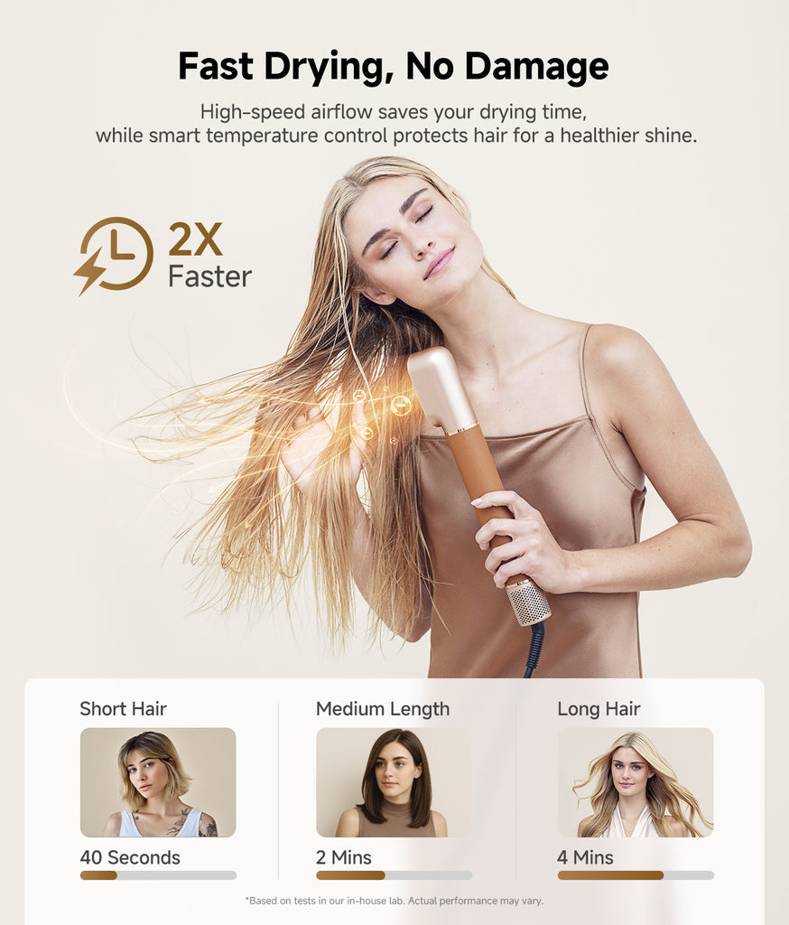 Woman using Dreame AirStyle Pro 7-in-1 Hair Styler on long blonde hair with airflow effects visible