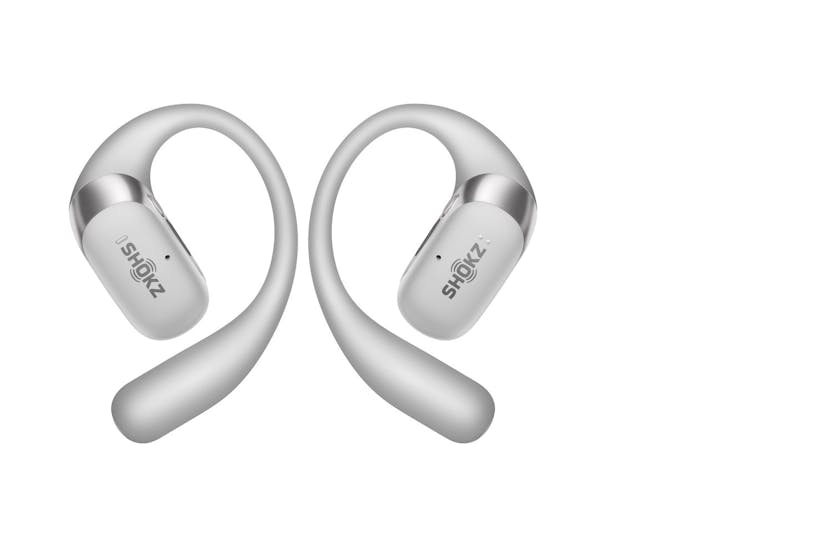 Shokz OpenFit 2+ grey true wireless earbuds shown from front with ear hooks and logo visible