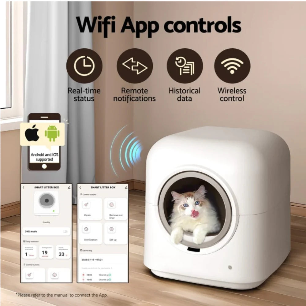Wiggle & Wander Self Cleaning Cat Litter Box with a cat inside and WiFi app control features shown on screen.