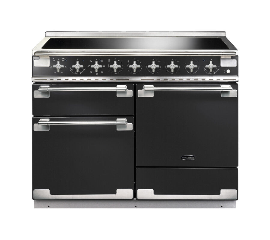 Rangemaster Elise 110 induction range cooker in black with stainless steel handles and control knobs, front view.