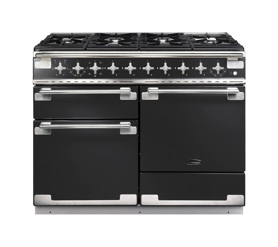 Rangemaster Elise 110 dual fuel range cooker in black with five burners and three oven compartments