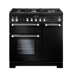 Rangemaster Kitchener 90cm Dual Fuel Range Cooker with 5-burner hob, electric ovens, cast iron pan supports – Keans