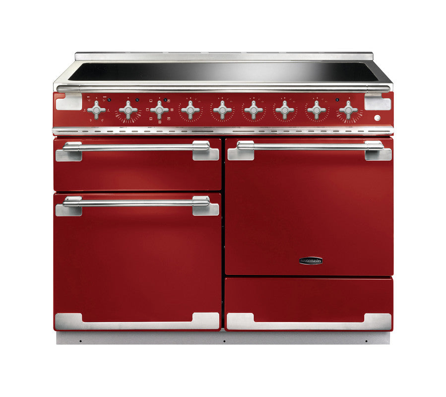 Rangemaster Elise 110 induction range cooker in red with stainless steel handles and control knobs, front view.