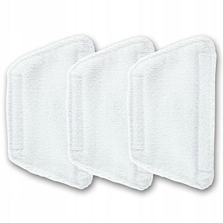 Three white microfibre cleaning cloth pads for Morphy Richards Steam Mop Mini, shown flat on white background.