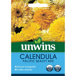 Calendula Pacific Beauty Mixed flowers in orange, yellow, apricot, cream; edible, good for cutting, grows in sun or shade –