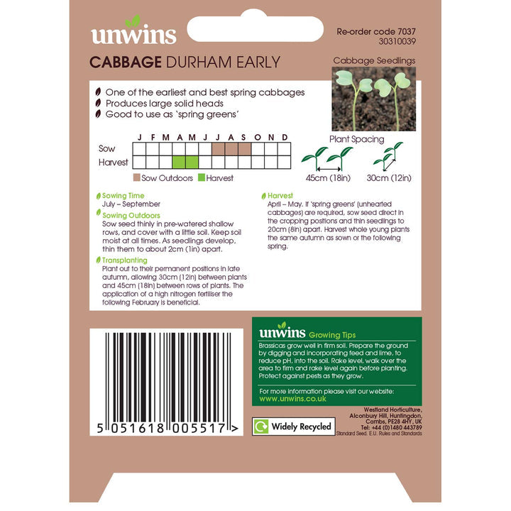 Cabbage Durham Early seeds packet for home gardening, high-quality vegetable seeds from Keans Claremorris.