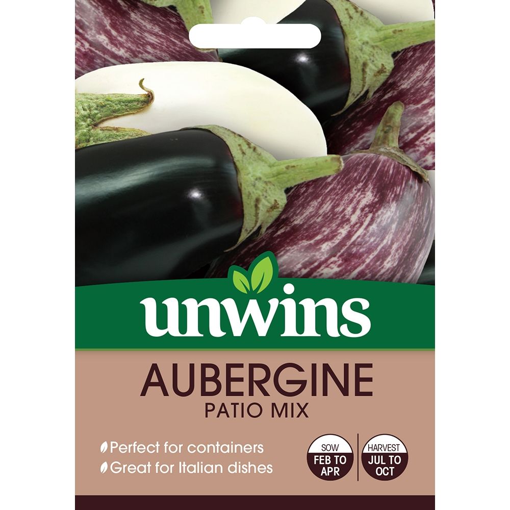 Seed packet showing a mix of glossy black, white, and striped aubergines for patio container growing.