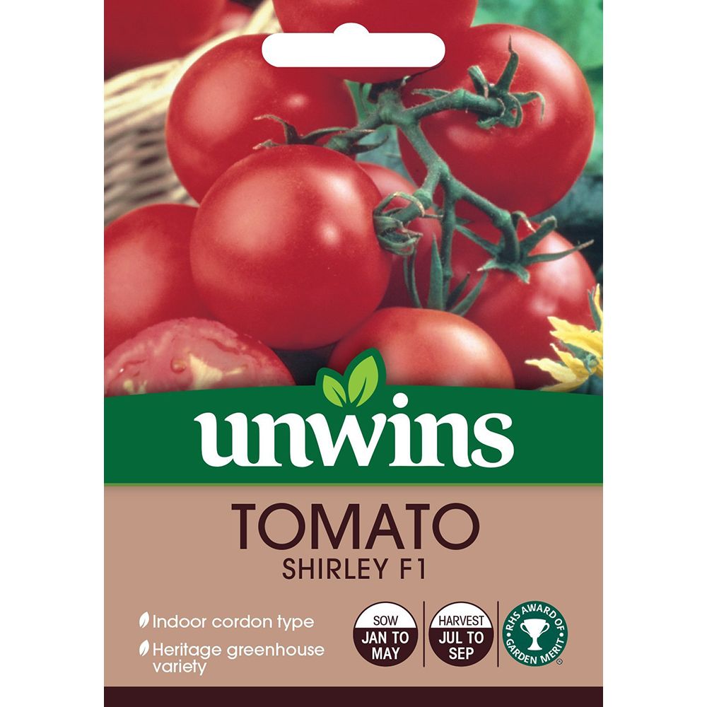 Packet of Unwins Shirley F1 tomato seeds with ripe red tomatoes on the vine on the front.