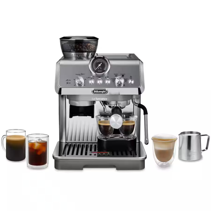 DeLonghi La Specialista Arte Evo espresso machine with two espresso shots, milk frother, and coffee drinks on white