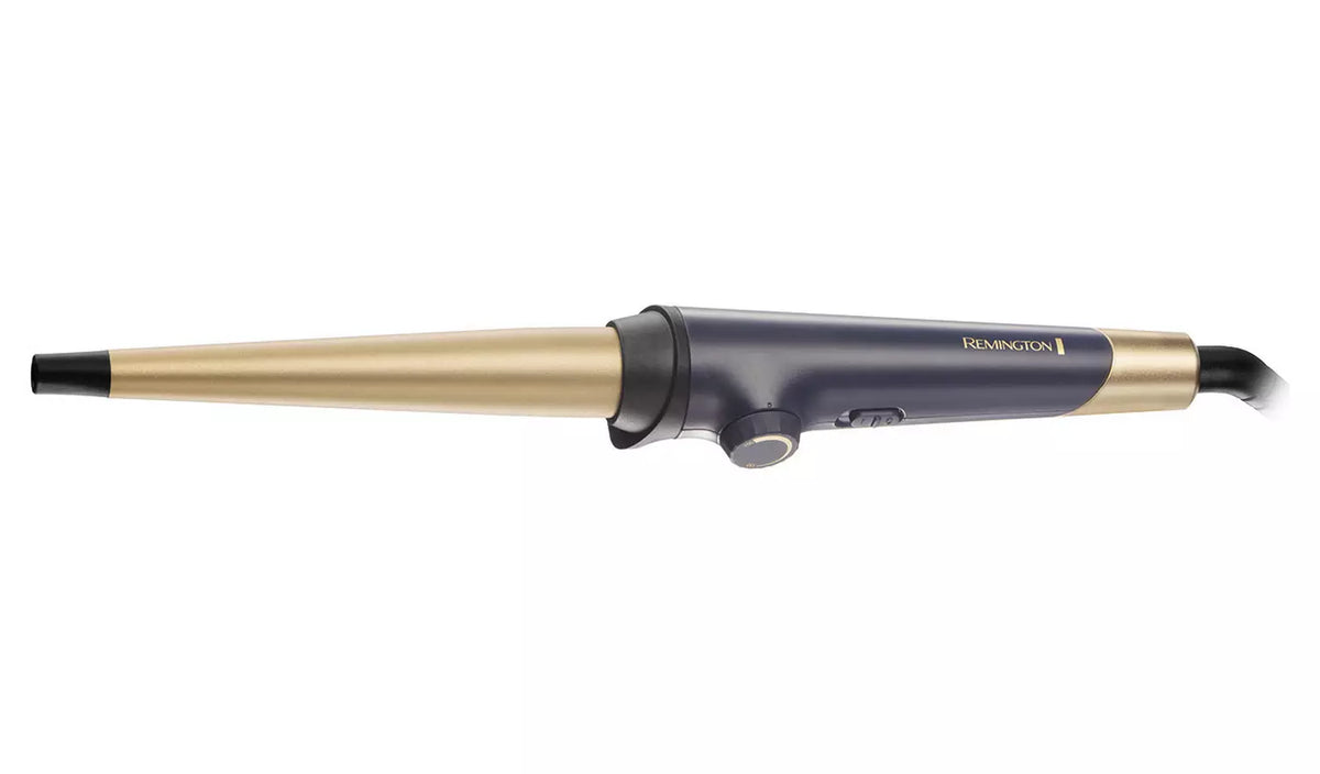 Remington Sapphire Curling Wand with tapered gold ceramic barrel and black handle with temperature dial