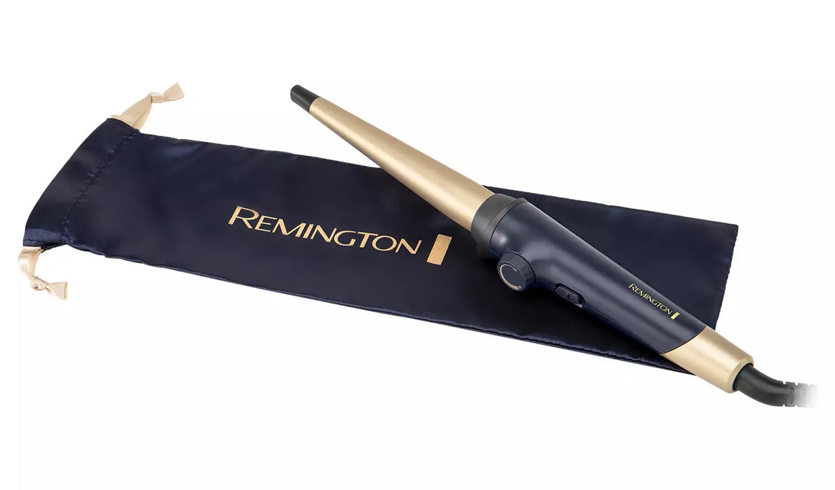 Remington Sapphire Curling Wand with tapered gold barrel and navy handle resting on a navy drawstring pouch.