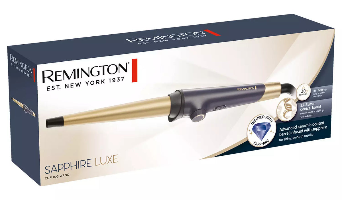 Remington Sapphire Curling Wand with gold tapered barrel and dark handle on product packaging box.