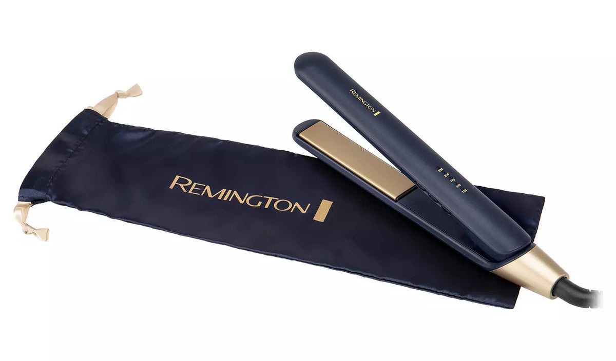 Remington Sapphire Hair Straightener in navy and gold with matching navy storage pouch on white background