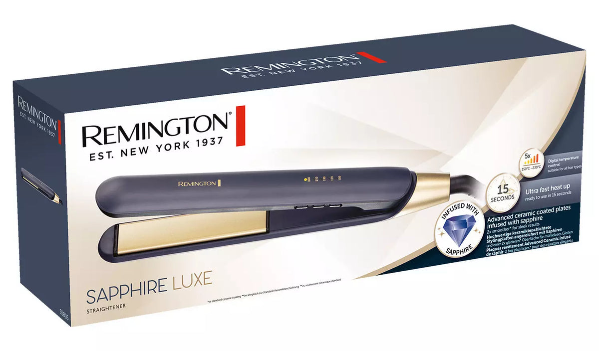 Remington Sapphire Hair Straightener box showing the straightener with gold plates and navy body on white background